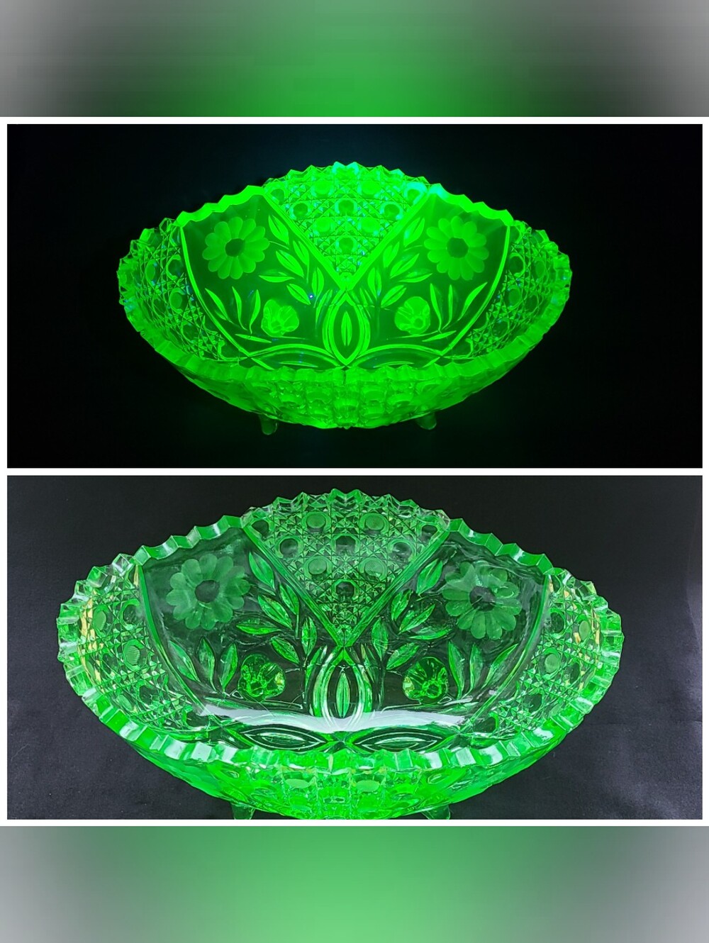 Antique Uranium Glass Daisy And Button Large Console Bowl